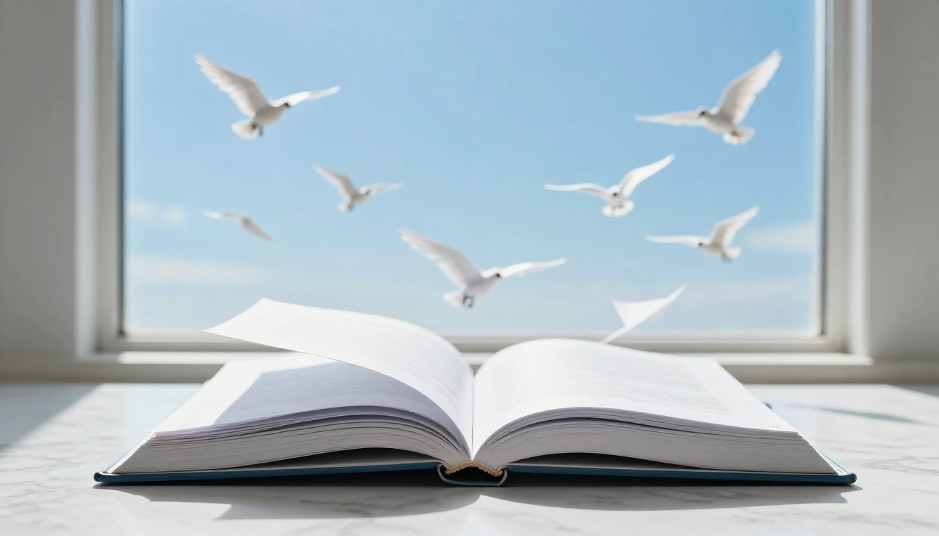 An open bound document on a white marble desk, its pages lifting into a flock of white birds flying out of a bright window into a blue sky