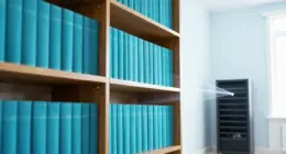 A tall wooden library bookshelf with turquoise book spines, thin streams of light flowing from the books toward a small computer server in a bright room