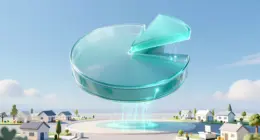 A glossy turquoise glass pie chart in a blue sky, one slice lifted out and flowing as light down to a landscape of small houses