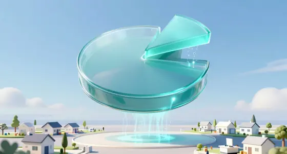 A glossy turquoise glass pie chart in a blue sky, one slice lifted out and flowing as light down to a landscape of small houses