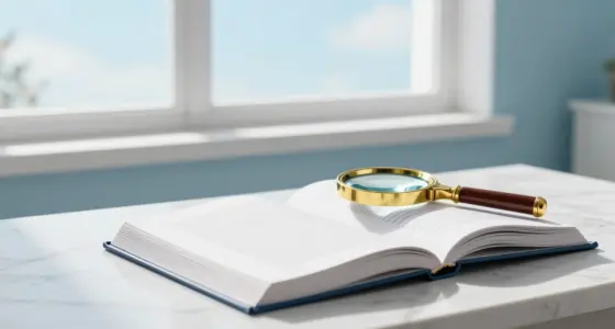 An open bound document on a white marble desk with a brass magnifying glass resting on its pages, in a bright room with a pale blue wall and tall windows