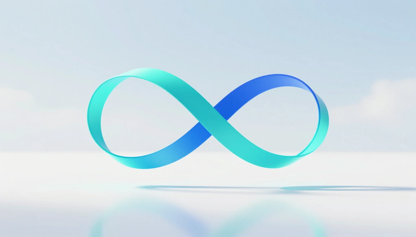 A glowing turquoise and cobalt ribbon of light forming an endless loop above a white studio floor