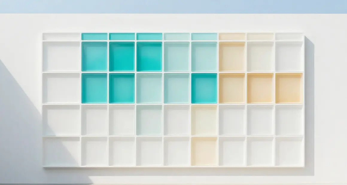A wall of fifty frosted glass tiles in a bright gallery, a few glowing turquoise, several pale amber, most plain white