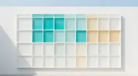A wall of fifty frosted glass tiles in a bright gallery, a few glowing turquoise, several pale amber, most plain white