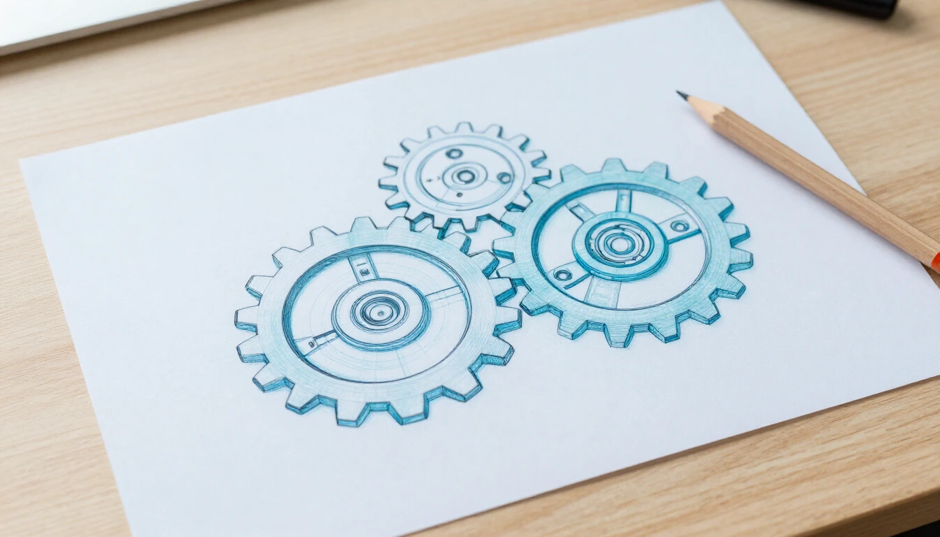 A technical drawing of interlocking gears on white paper next to a pencil on a wooden drafting table