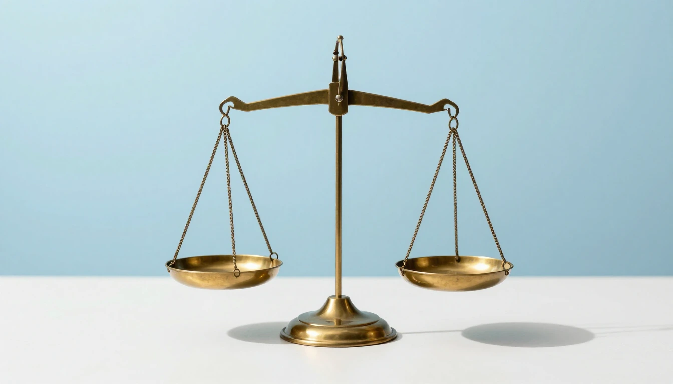A brass balance scale with two empty pans on a white desk