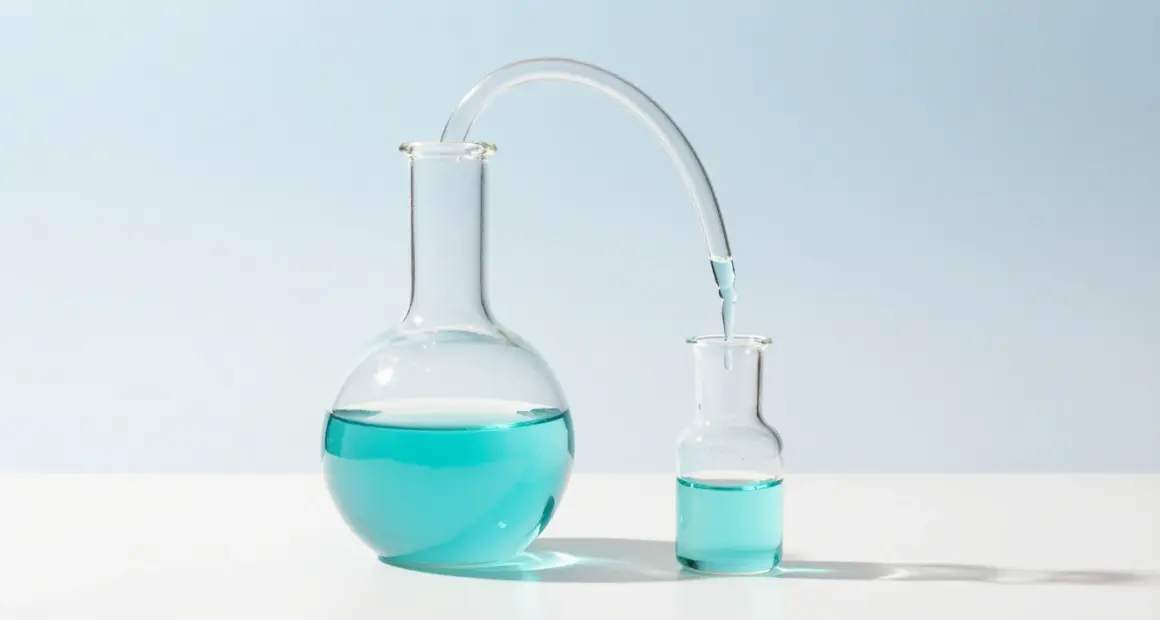 A glass distillation apparatus on a white desk, turquoise liquid dripping from a large flask into a small one