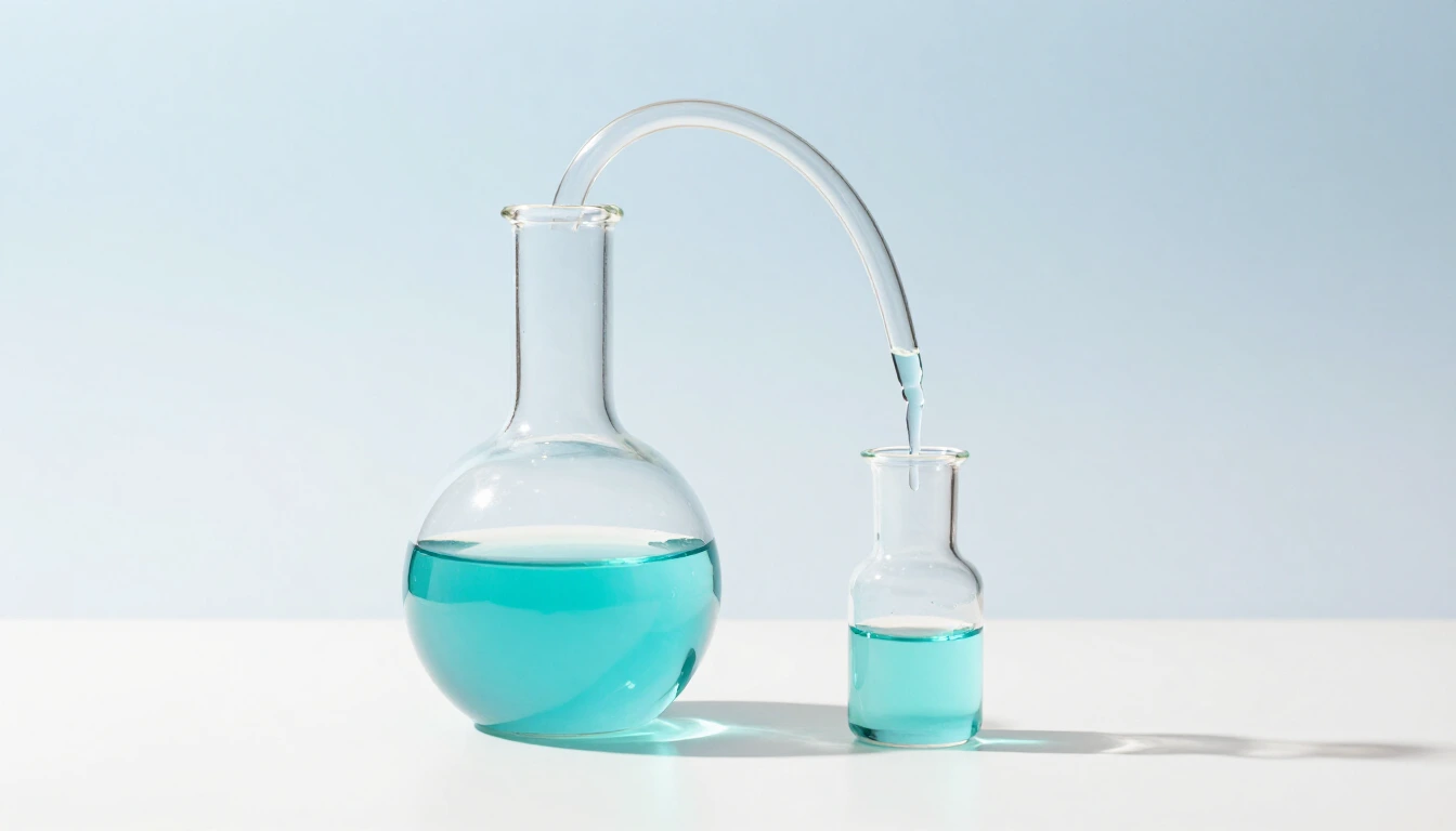 A glass distillation apparatus on a white desk, turquoise liquid dripping from a large flask into a small one