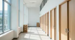 A long bright hallway in a modern government office building with closed wooden doors and archive boxes stacked by the wall