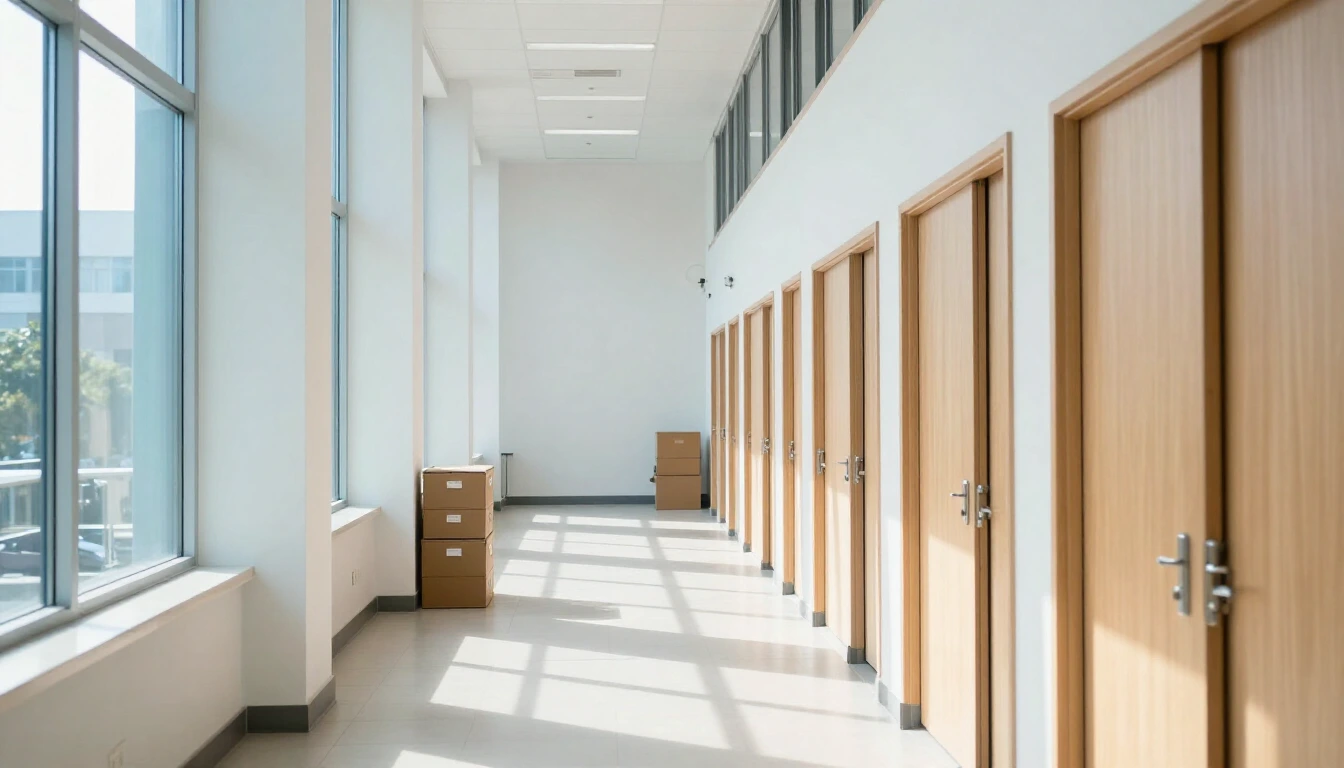 A long bright hallway in a modern government office building with closed wooden doors and archive boxes stacked by the wall