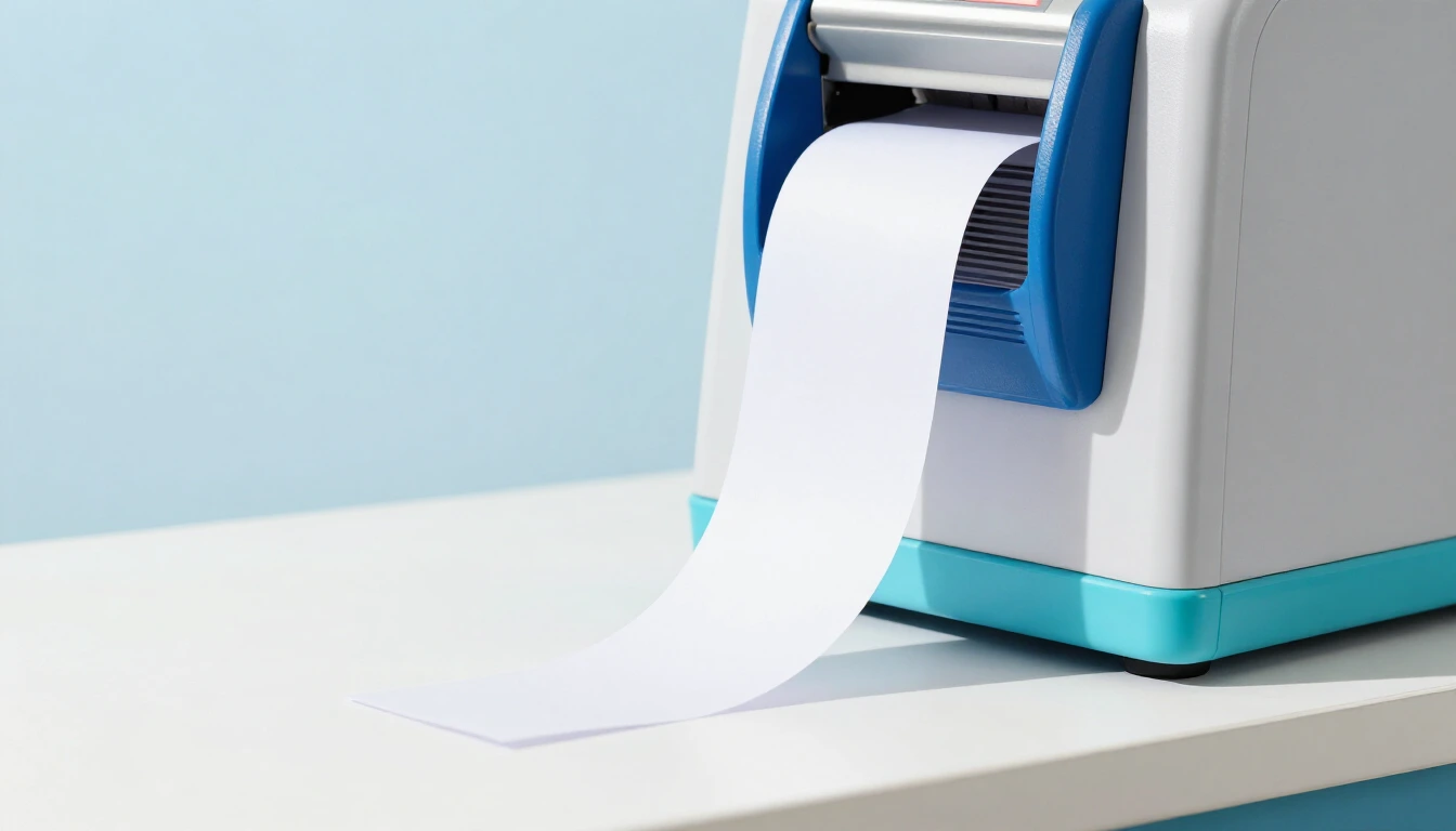 A ticket dispenser on a bright counter with a long strip of blank paper tickets