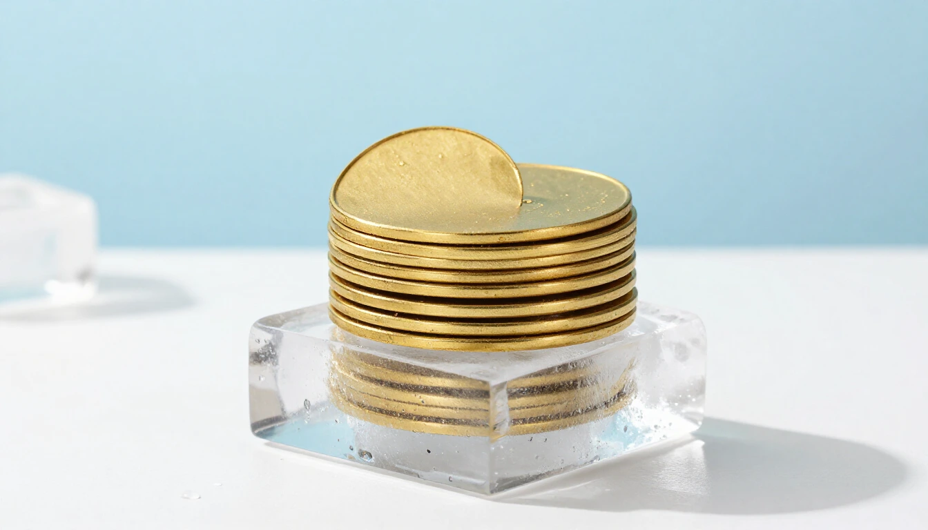 A stack of plain gold discs partly frozen in a clear block of ice on a white table