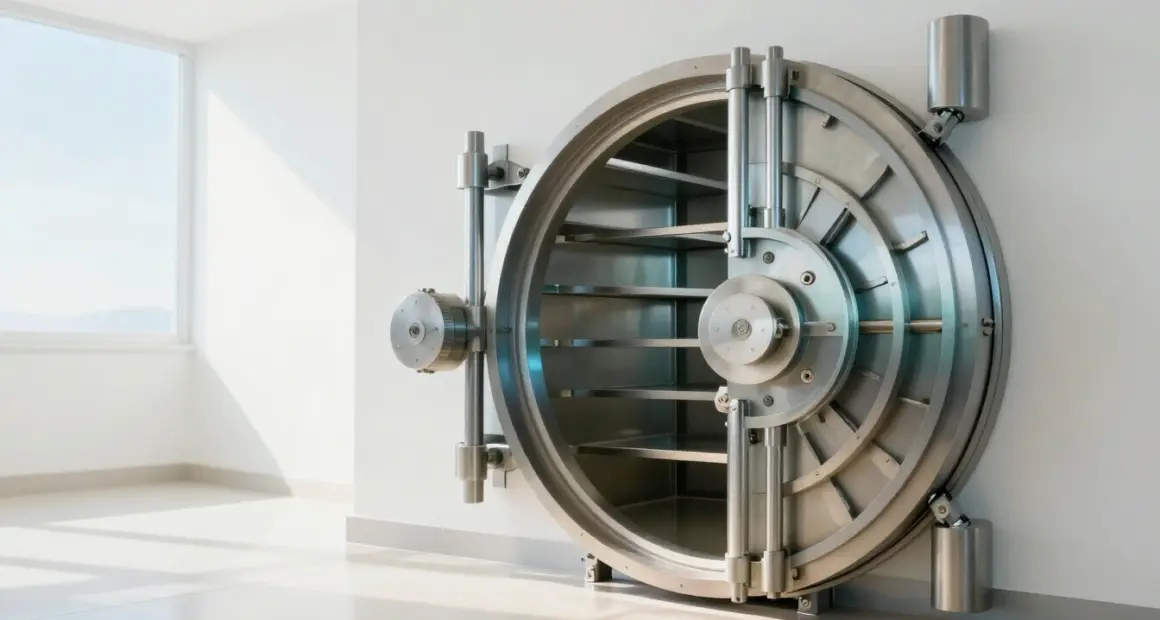 A heavy round steel vault door standing wide open in a bright, clean vault room with empty shelves