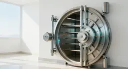 A heavy round steel vault door standing wide open in a bright, clean vault room with empty shelves