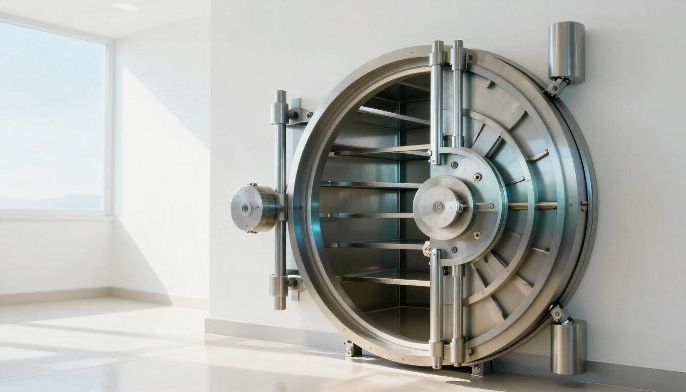 A heavy round steel vault door standing wide open in a bright, clean vault room with empty shelves