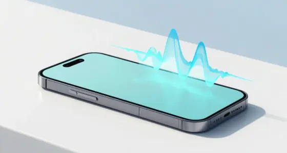 A smartphone with a blank glowing turquoise screen lies on a bright white desk while soft ribbons of light shaped like sound waves rise above it