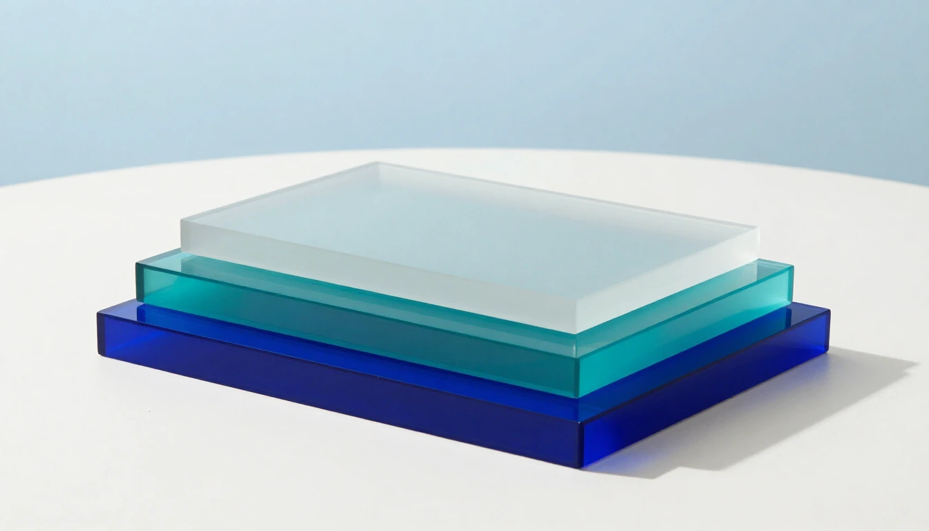 Three translucent glass slabs stacked on a white table: a thick cobalt blue slab at the bottom, a turquoise slab in the middle and a thin frosted grey slab on top