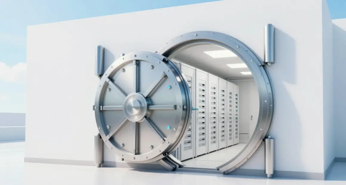 A large round steel vault door standing open in a bright white wall, revealing rows of white server racks inside a clean, well-lit room