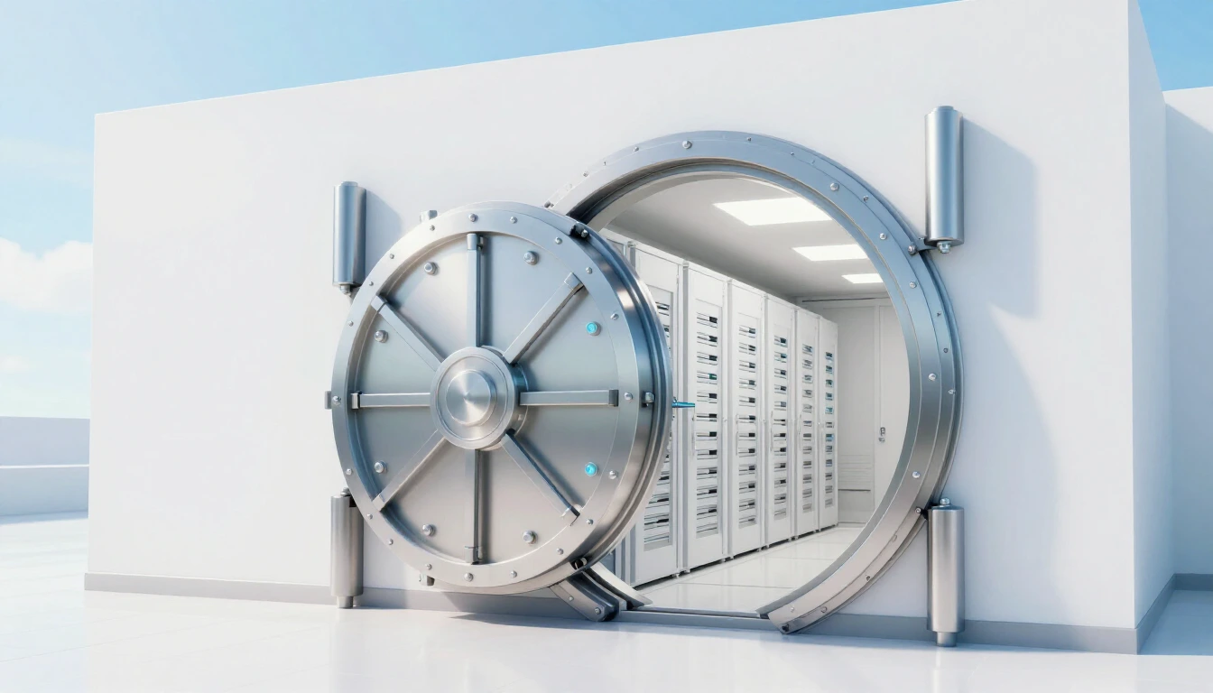 A large round steel vault door standing open in a bright white wall, revealing rows of white server racks inside a clean, well-lit room