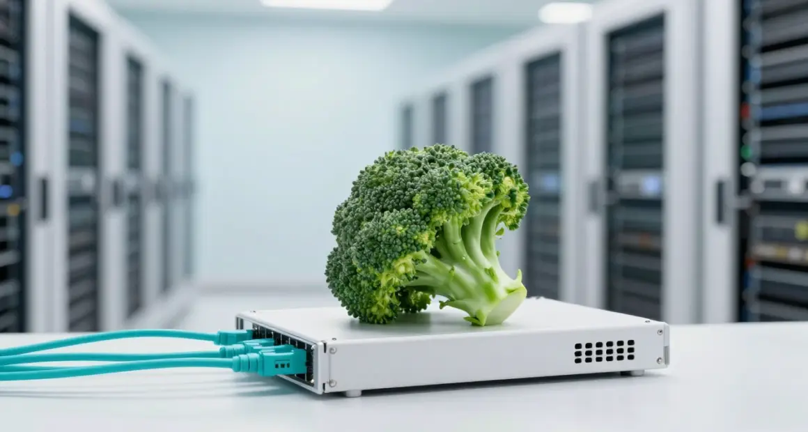 A fresh broccoli floret resting on a white network server in a bright data center, turquoise cables plugged in behind it