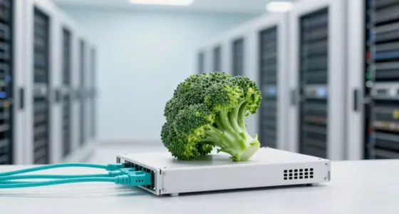 A fresh broccoli floret resting on a white network server in a bright data center, turquoise cables plugged in behind it