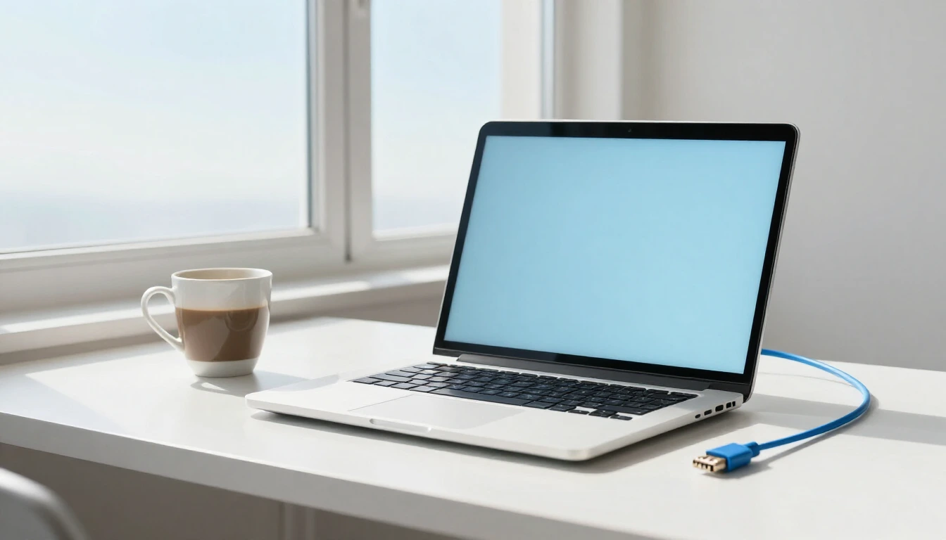 A laptop on a bright home office desk next to a cup of coffee, with an unplugged blue network cable lying beside it