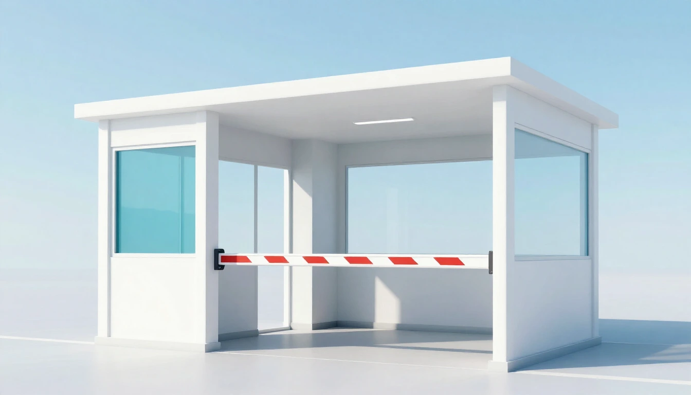 An empty guard booth with a lowered red and white barrier arm at the entrance of a bright business park