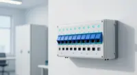 A wall-mounted panel of blue circuit breaker switches with small glowing status lights in a bright white technical room