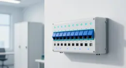 A wall-mounted panel of blue circuit breaker switches with small glowing status lights in a bright white technical room