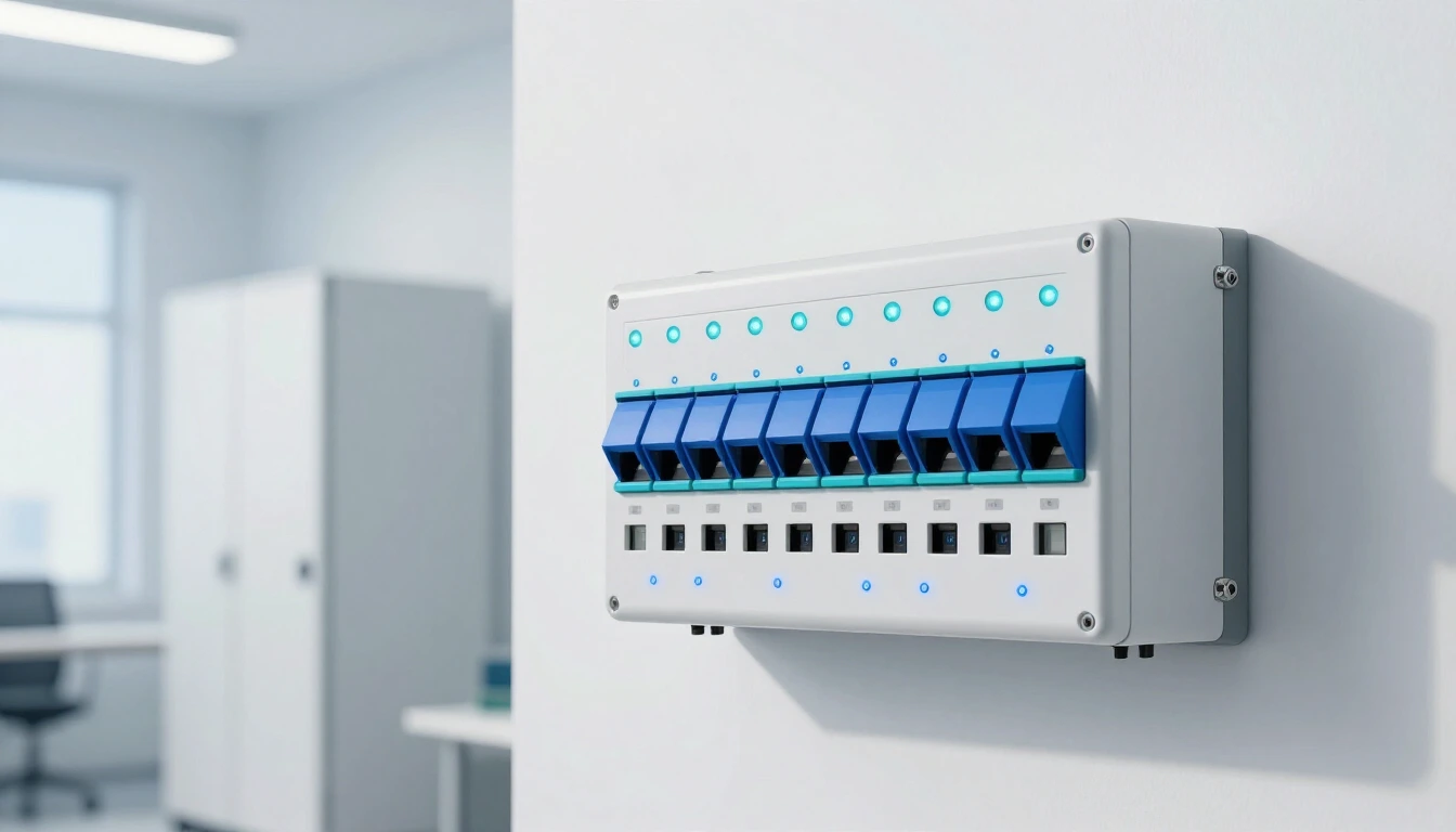 A wall-mounted panel of blue circuit breaker switches with small glowing status lights in a bright white technical room