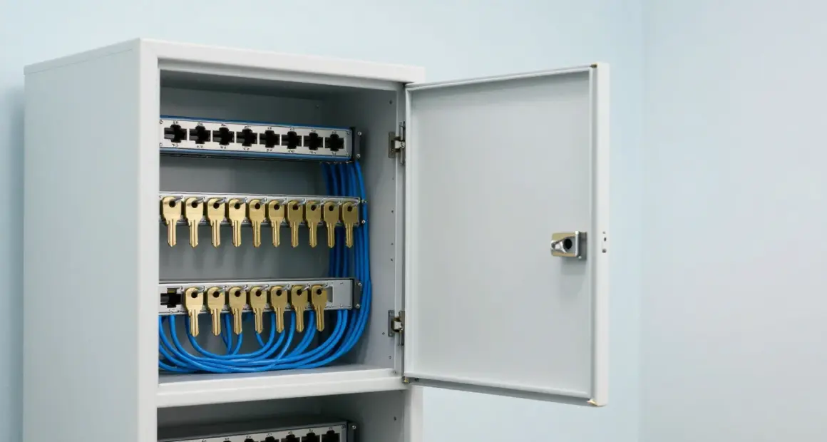 An open white key cabinet with rows of brass keys mounted beside a rack of network switches with blue cables