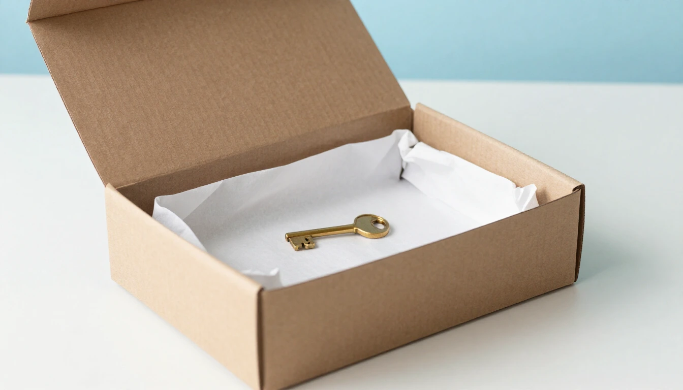 An opened cardboard parcel with white tissue paper inside and a small brass key lying among the paper