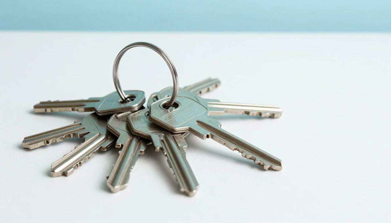 A steel keyring holding several plain metal keys on a white table