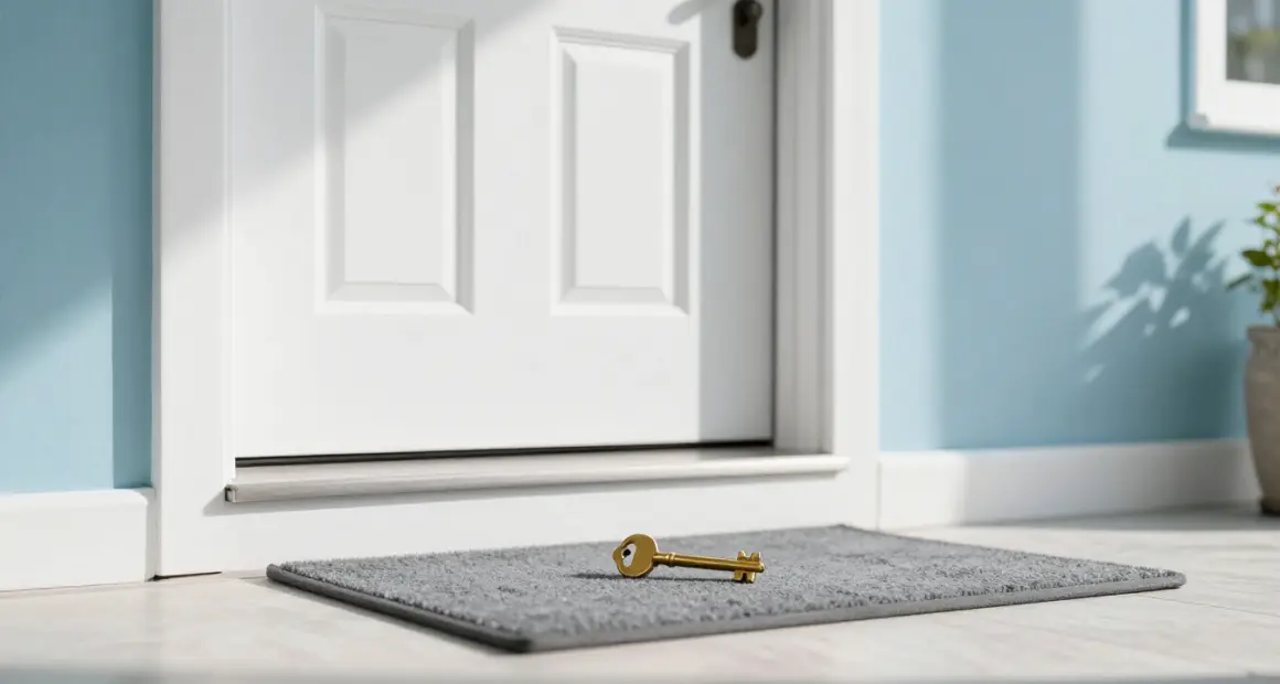 A small brass key lying on a grey doormat in front of a closed white front door on a bright porch