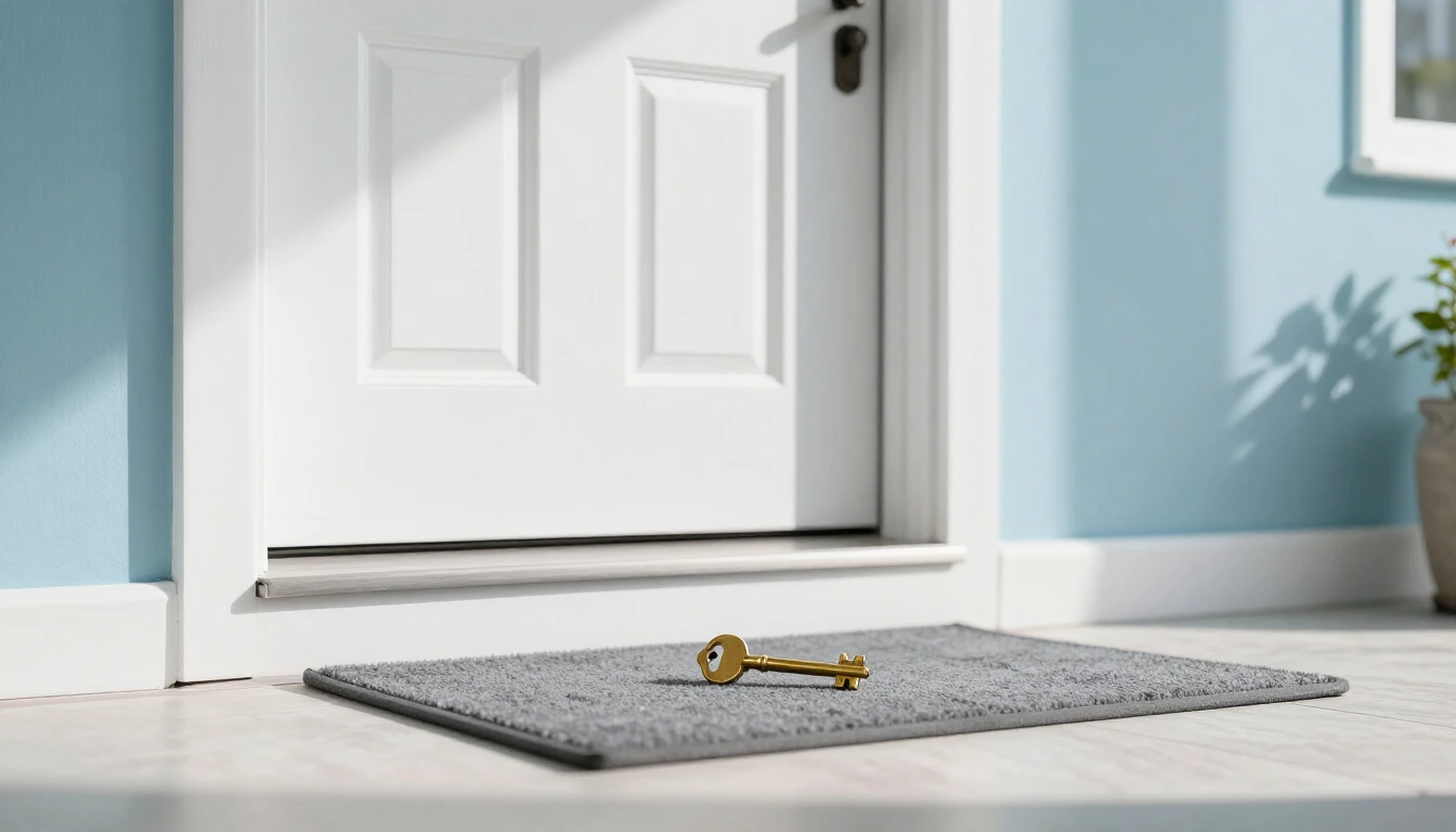 A small brass key lying on a grey doormat in front of a closed white front door on a bright porch