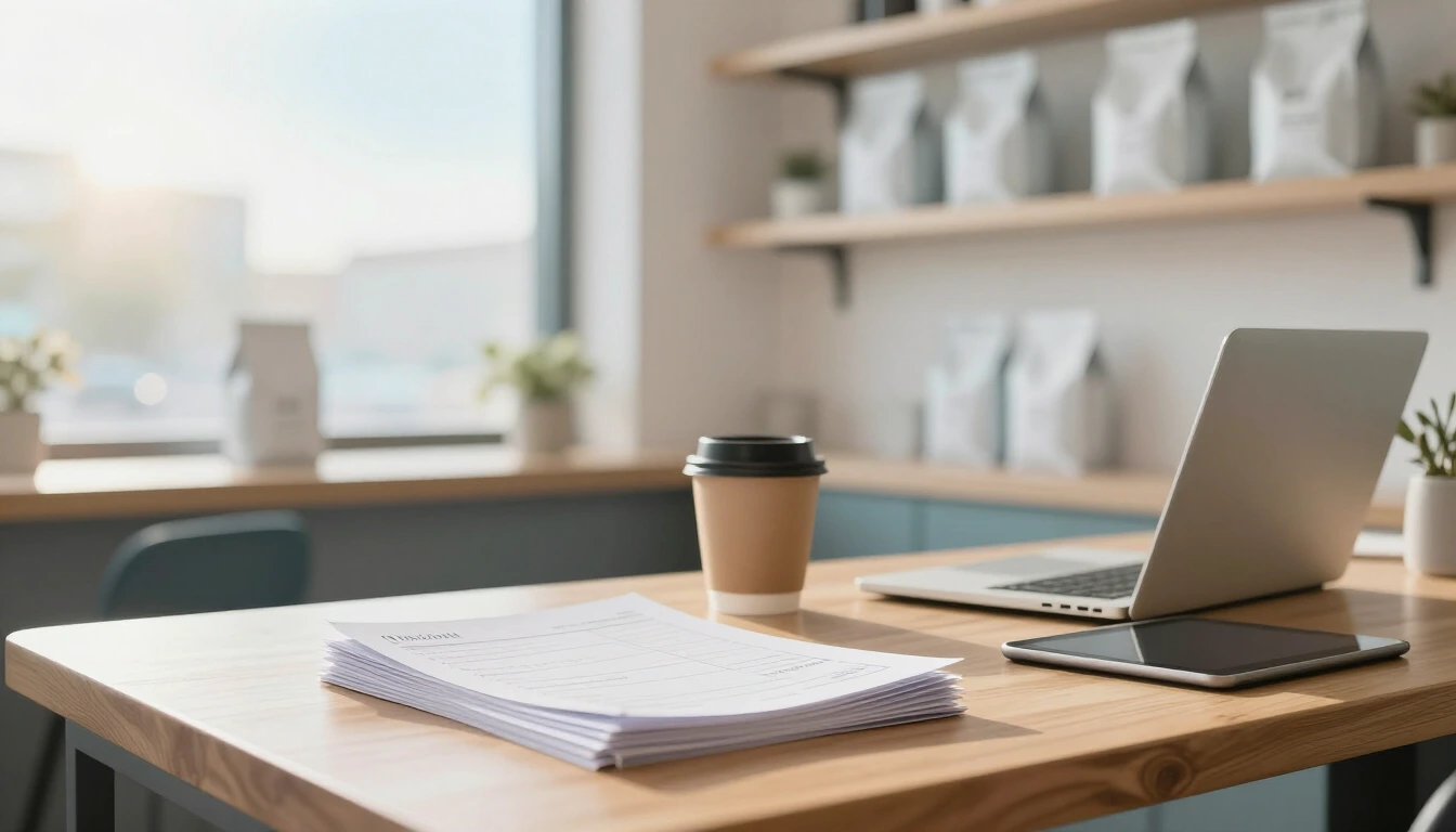 An empty wooden desk in a bright small café back office with a stack of paper invoices, a takeaway coffee cup, an open laptop and a tablet, shelves with plain coffee bags behind