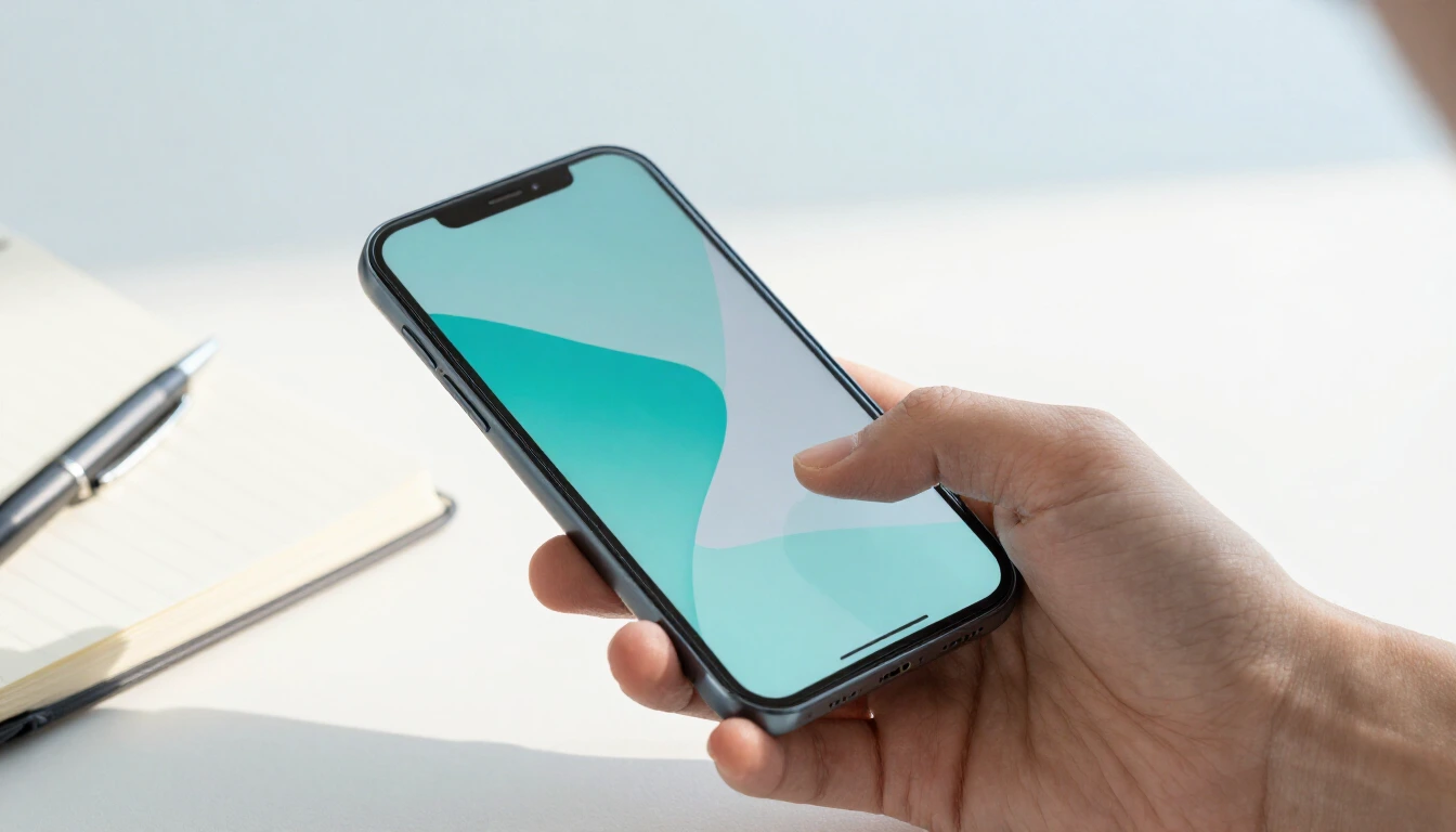 A hand holds a smartphone with a plain turquoise and white screen above a white desk, a notebook and a pen beside it