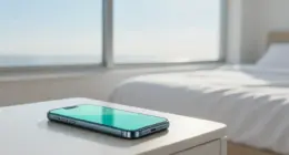 A smartphone glowing softly in pale turquoise on a white bedside table, an empty made bed and a bright window with a pale blue morning sky behind it