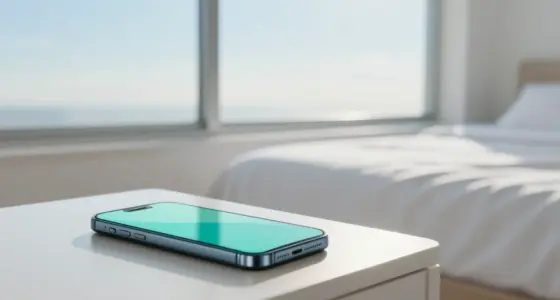 A smartphone glowing softly in pale turquoise on a white bedside table, an empty made bed and a bright window with a pale blue morning sky behind it