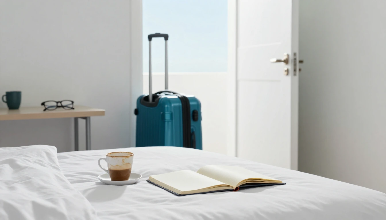 A bright hotel room with fresh bedding, a previous guest's coffee cup and glasses still on the desk and a new guest's suitcase at the door