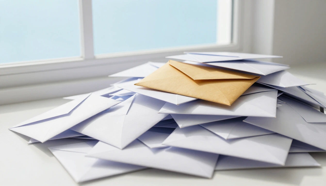 A large pile of plain white envelopes on a white windowsill with one golden envelope on top