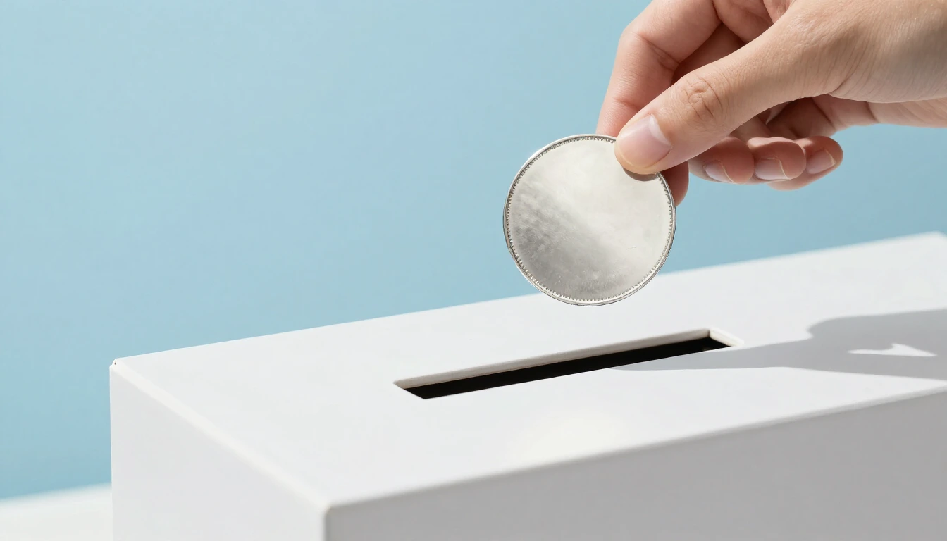 A hand holds a plain silver disc above the slot of a white submission box against a pale blue wall