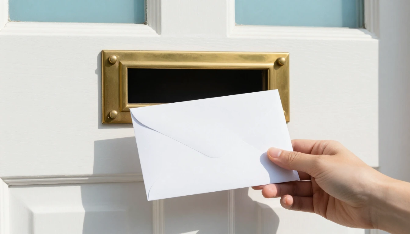 A hand holds a sealed white envelope in front of a brass mail slot in a white front door