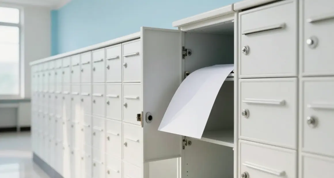 A wall of white post office boxes in a bright hall; a blank sheet of paper slides out of one open box into its neighbour
