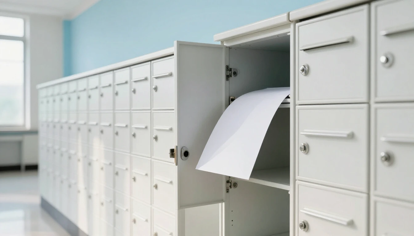A wall of white post office boxes in a bright hall; a blank sheet of paper slides out of one open box into its neighbour