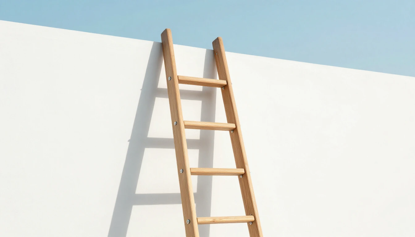 A light wooden ladder leaning against a white wall in soft daylight