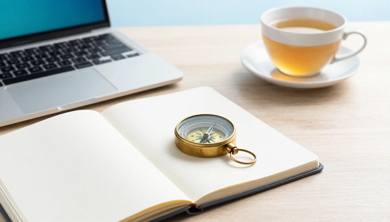 A brass compass lying on an open blank notebook next to a laptop and a cup of tea