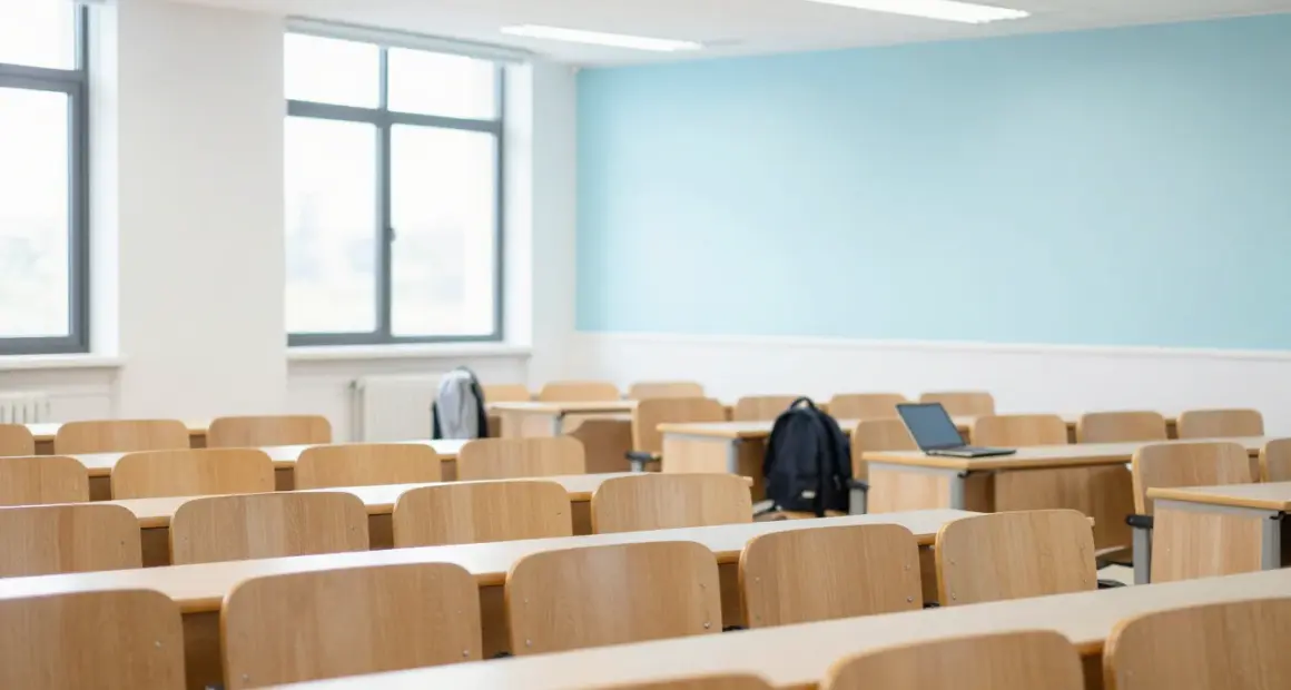 A bright university lecture hall with rows of mostly empty wooden seats, a laptop and a backpack left on one desk
