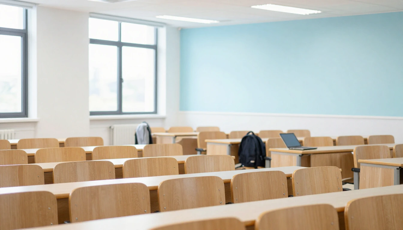 A bright university lecture hall with rows of mostly empty wooden seats, a laptop and a backpack left on one desk