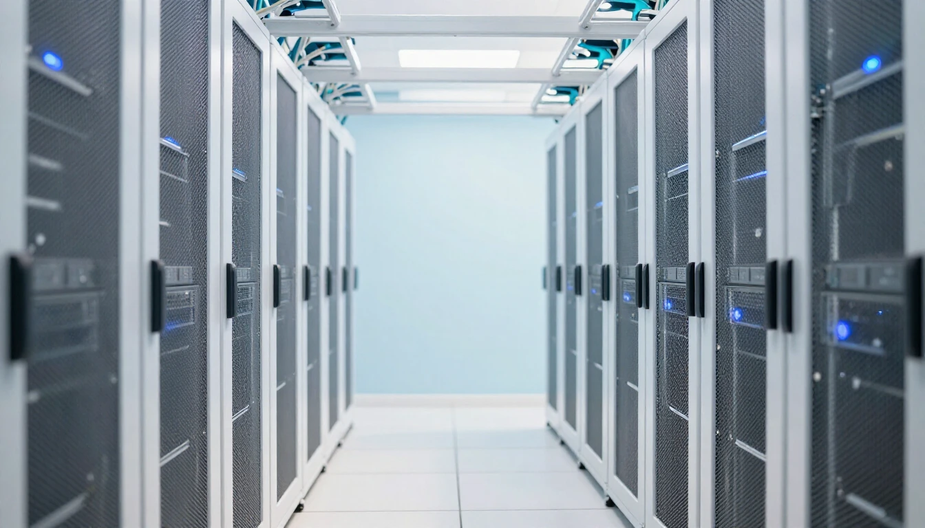 A bright, empty data center aisle with white server racks and soft blue indicator lights
